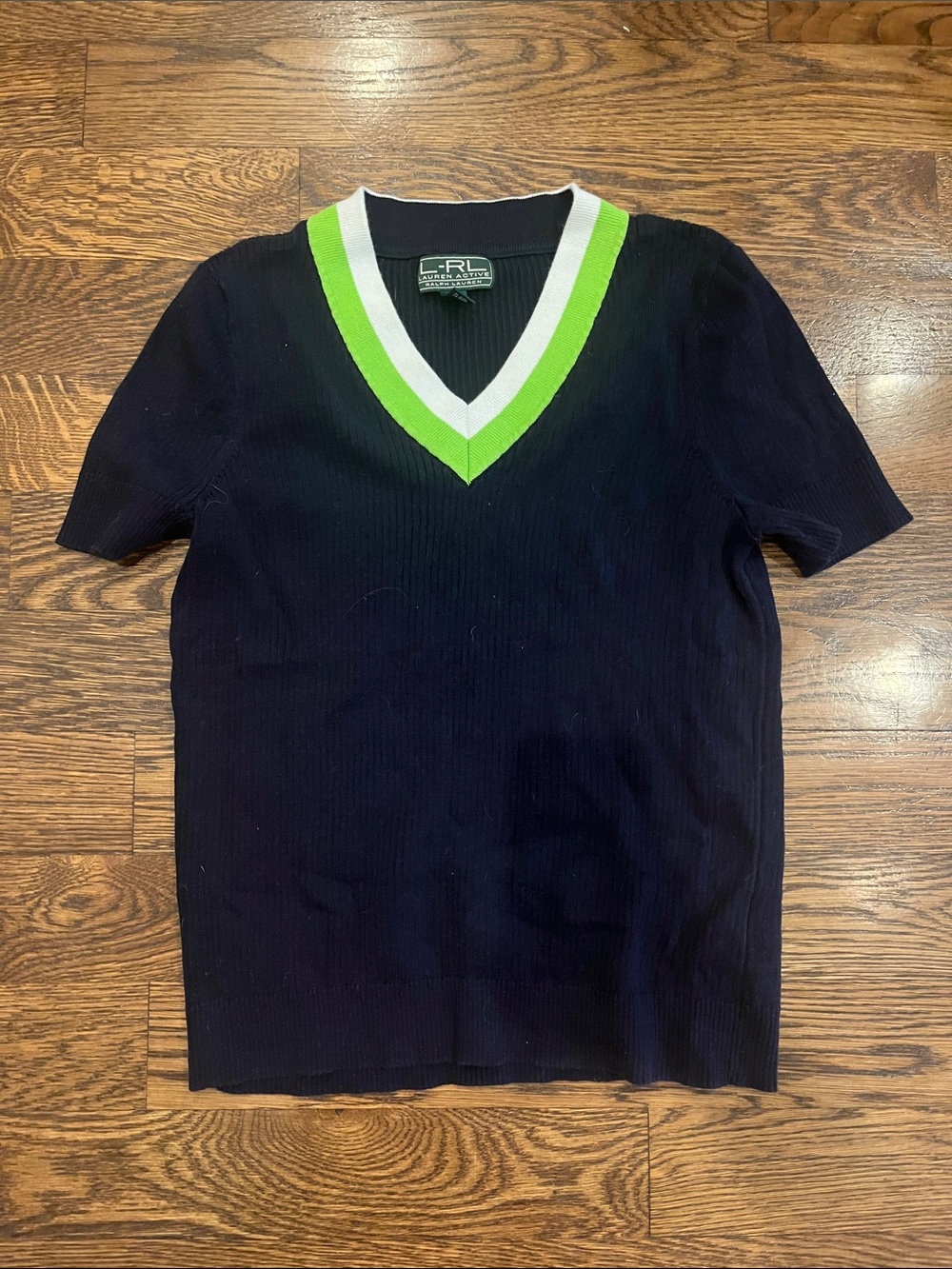 L by Ralph Lauren Navy V-Neck Sweater with Lime and White Trim XL